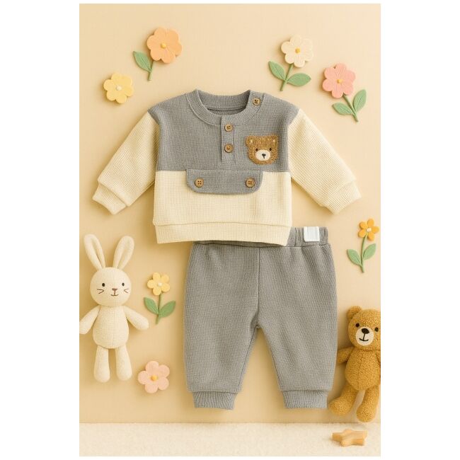 Costumas bebelusi gri crem cu ursulet – set 2 piese confort trmb7008