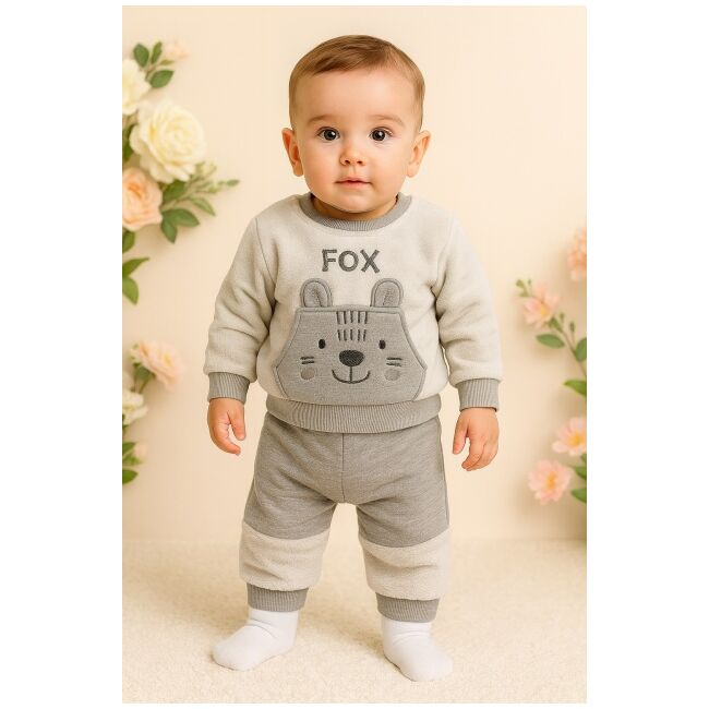 Costumas gri plusat pentru bebelusi | set bluzita si pantaloni confortabili trmb886