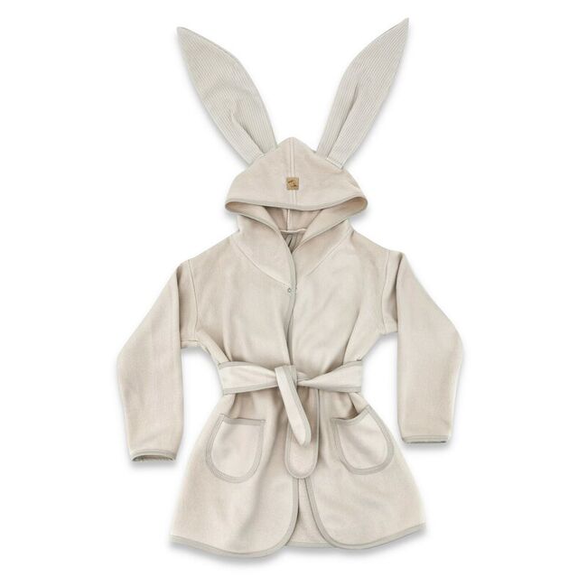 Halat de baie, Qmini, Cu urechi, S, 6 - 24 luni, Moale, Cu buzunare, Cu cordon, Din tricot termo-terry din bambus, Materiale certificate Oeko Tex Standard 100, Beige BYN6426972030038