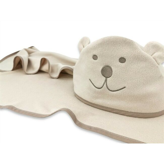 Prosop cu gluga, Qmini, Mare, Cu broderie si urechi, Dimensiune 100x100 cm, Din tricot termo-terry din bambus, Materiale certificate Oeko Tex Standard 100, Teddy Bear Beige BYN6426972030205