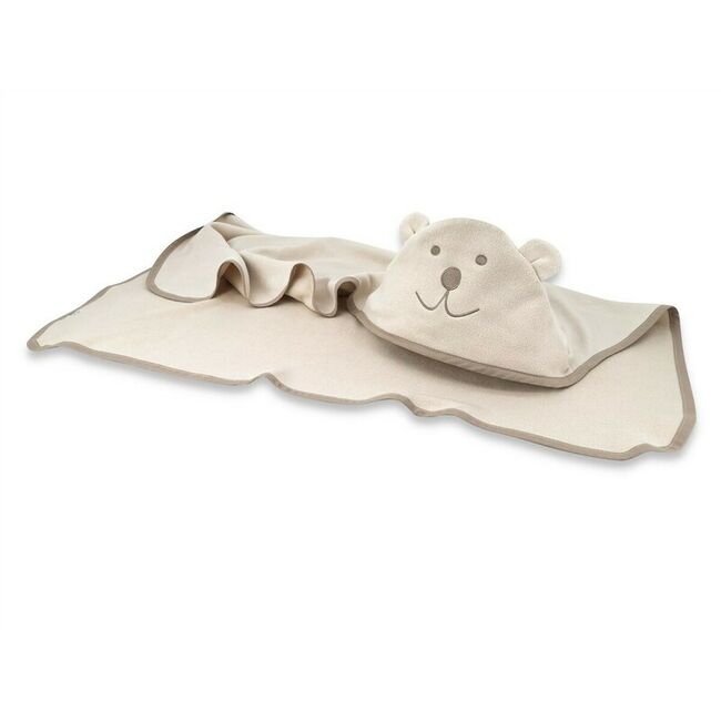 Prosop cu gluga, Qmini, Mare, Cu broderie si urechi, Dimensiune 100x100 cm, Din tricot termo-terry din bambus, Materiale certificate Oeko Tex Standard 100, Teddy Bear Beige BYN6426972030205