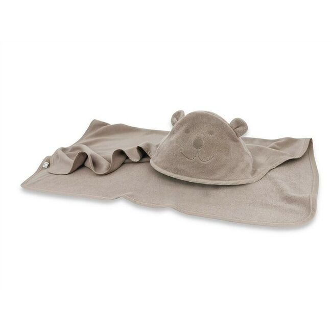 Prosop cu gluga, Qmini, Mare, Cu broderie si urechi, Dimensiune 100x100 cm, Din tricot termo-terry din bambus, Materiale certificate Oeko Tex Standard 100, Teddy Bear Mocha BYN6426972030199