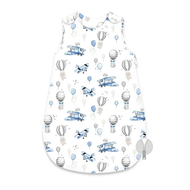 Sac de dormit, MimiNu, Pentru bebelusi, De iarna, Din bumbac certificat Oeko Tex Standard 100, Cu fermoar lateral, Cu capse pe umar, 74 cm, 0 - 6 luni, 2.5 Tog, Blue Plane BYN6426972030243