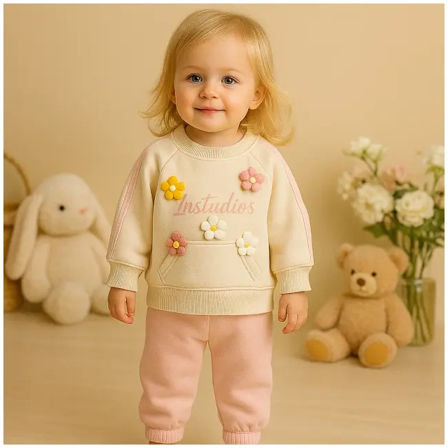 Set 2 piese bluza cu aplicatii florale 3d si pantaloni bumbac 100% moale bbl58