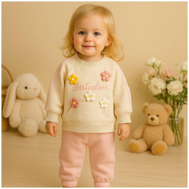 Set 2 piese bluza cu aplicatii florale 3d si pantaloni bumbac 100% moale bbl58