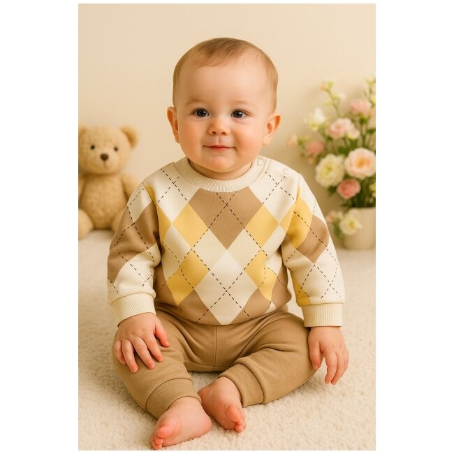 Set bebelusi argyle crem galben bej – bluza + pantaloni confortabili trmb1345