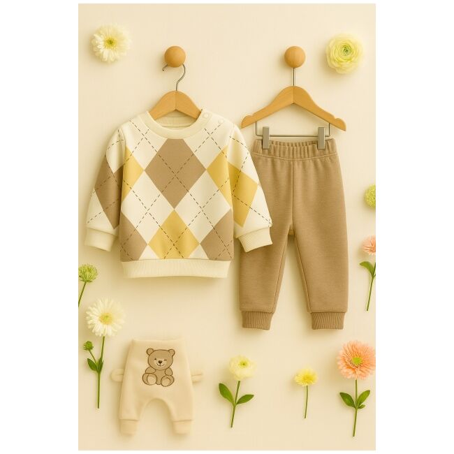Set bebelusi argyle crem galben bej – bluza + pantaloni confortabili trmb1345
