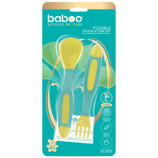 Set lingurita si furculita flexibile baboo - galben verde, 6 luni+ ba10-045