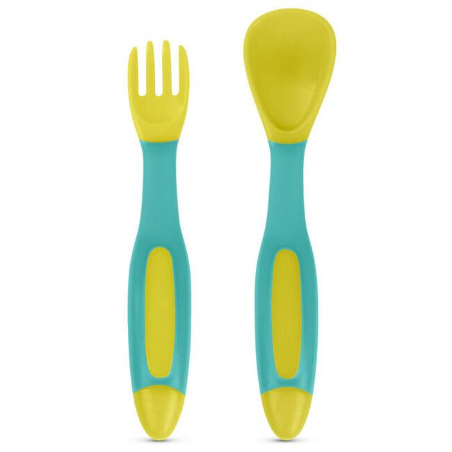 Set lingurita si furculita flexibile baboo - galben verde, 6 luni+ ba10-045