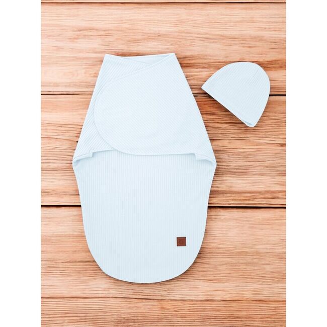 Sistem de infasare si caciulita, MimiNu, Pentru bebe, 0 - 3 luni, Leo, Din bumbac interlock certificat Oeko Tex Standard 100, Soft Blue BYN6426972030229