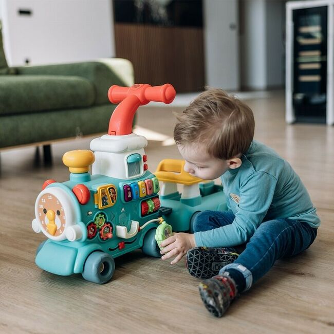 Antemergator 5 in 1 Magic Train, Free2Move, Cu diverse activitati de joaca, Panou Educational, Efecte sonore si luminoase, Green BYN86434