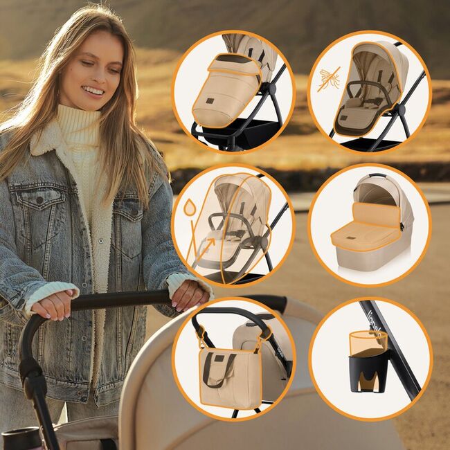 Carucior 2 in 1, Lionelo, Meril, Cu landou si scaun cu dimensiune XL, Reversibil, Cu sistem de ventilatie 3D, Cu accesorii, Pana la 22 kg, De la nastere, Conform cu EN1888-1 EN1888-2, EN1466, Bej BYNLO-MERIL_2IN1_BEIGE_SAND