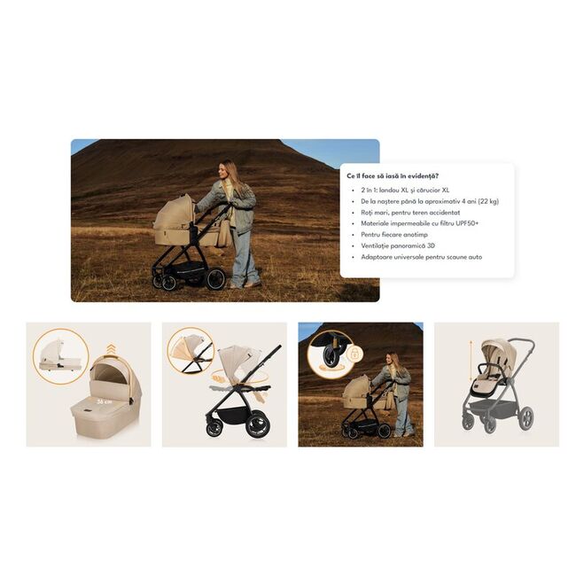 Carucior 2 in 1, Lionelo, Meril, Cu landou si scaun cu dimensiune XL, Reversibil, Cu sistem de ventilatie 3D, Cu accesorii, Pana la 22 kg, De la nastere, Conform cu EN1888-1 EN1888-2, EN1466, Bej BYNLO-MERIL_2IN1_BEIGE_SAND