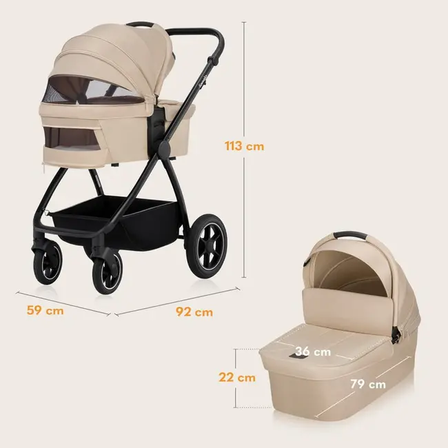 Carucior 2 in 1, Lionelo, Meril, Cu landou si scaun cu dimensiune XL, Reversibil, Cu sistem de ventilatie 3D, Cu accesorii, Pana la 22 kg, De la nastere, Conform cu EN1888-1 EN1888-2, EN1466, Bej BYNLO-MERIL_2IN1_BEIGE_SAND