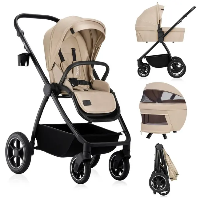 Carucior 2 in 1, Lionelo, Meril, Cu landou si scaun cu dimensiune XL, Reversibil, Cu sistem de ventilatie 3D, Cu accesorii, Pana la 22 kg, De la nastere, Conform cu EN1888-1 EN1888-2, EN1466, Bej BYNLO-MERIL_2IN1_BEIGE_SAND