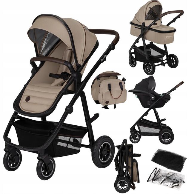 Carucior 3 in 1, Lionelo, Amber, Landou intarit, Scoica auto testata ADAC, Reversibil, Cu accesorii, Geanta parinti, Pana la 22 kg, Bej BYNLO-AMBER_3IN1_BEIGE_SAND