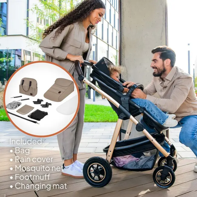 Carucior 3 in 1, Lionelo, Amber, Landou intarit, Scoica auto testata ADAC, Reversibil, Cu accesorii, Geanta parinti, Pana la 22 kg, Bej BYNLO-AMBER_3IN1_BEIGE_SAND