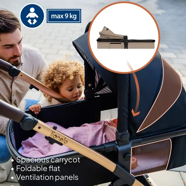 Carucior 3 in 1, Lionelo, Amber, Landou intarit, Scoica auto testata ADAC, Reversibil, Cu accesorii, Geanta parinti, Pana la 22 kg, Bej BYNLO-AMBER_3IN1_BEIGE_SAND