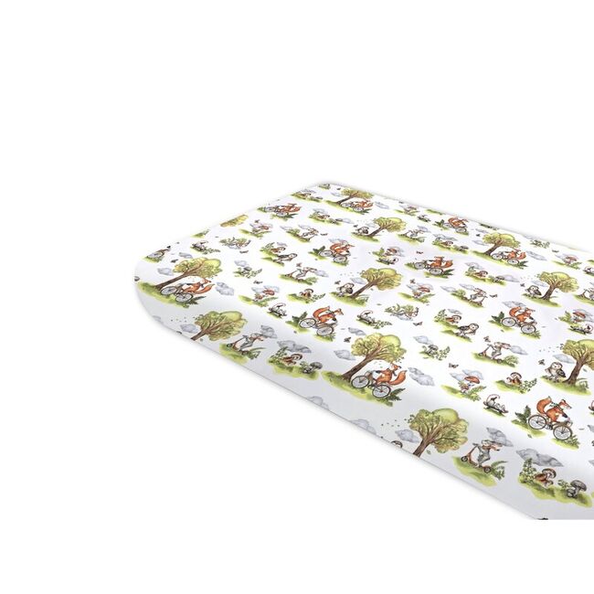 Cearceaf cu elastic, Qmini, Pentru pat 160x80 cm, Din bumbac certificat Oeko Tex Standard 100, Fox on bikes Natural BYN6426972030540