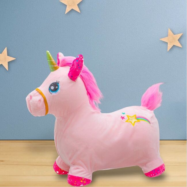 Jucarie gonflabila de plus cu sunete, Baby Mix, In forma de unicorn, Husa moale detasabila, Cu pompa inclusa, Pana la 70 kg, 36 luni+, Pink BYN56430
