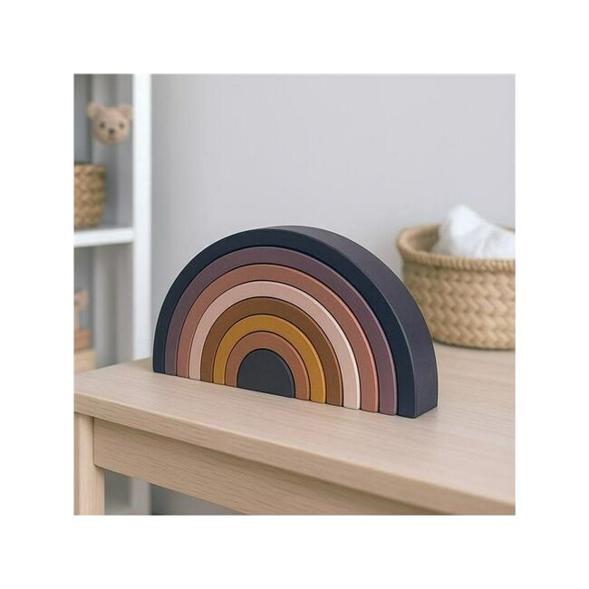 Jucarie pentru stivuire Montessori, Baby Mix, Curcubeu, Stimuleaza abilitatile motorii fine si coordonarea ochi-mana, Din lemn, 7 piese, Brown BYN57338