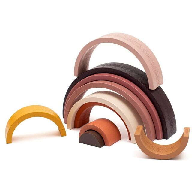 Jucarie pentru stivuire Montessori, Baby Mix, Curcubeu, Stimuleaza abilitatile motorii fine si coordonarea ochi-mana, Din lemn, 7 piese, Brown BYN57338