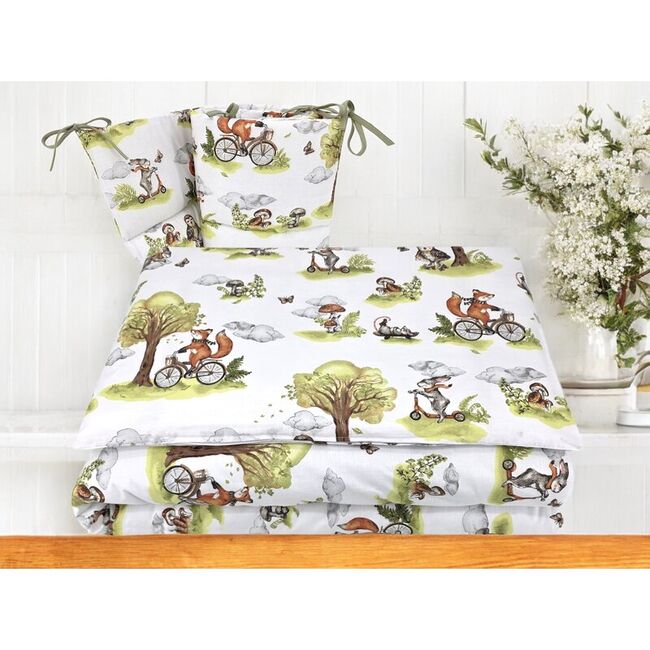 Lenjerie patut 3 piese, Qmini, Pentru patut 120x60 cm, Cu protectie laterala, Din bumbac certificat Oeko Tex Standard 100, Fox on bikes Natural BYN6426972030496