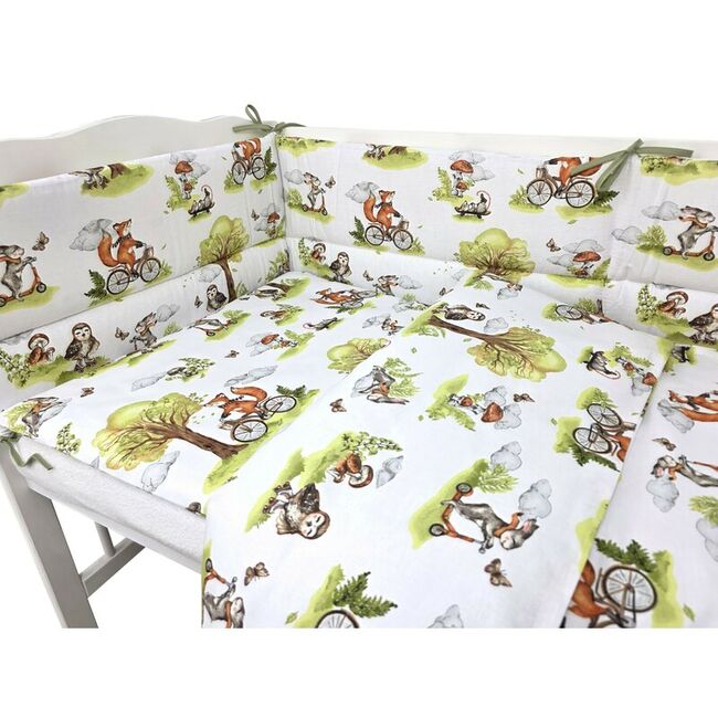 Lenjerie patut 3 piese, Qmini, Pentru patut 120x60 cm, Cu protectie laterala, Din bumbac certificat Oeko Tex Standard 100, Fox on bikes Natural BYN6426972030496