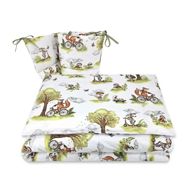 Lenjerie patut 3 piese, Qmini, Pentru patut 120x60 cm, Cu protectie laterala, Din bumbac certificat Oeko Tex Standard 100, Fox on bikes Natural BYN6426972030496