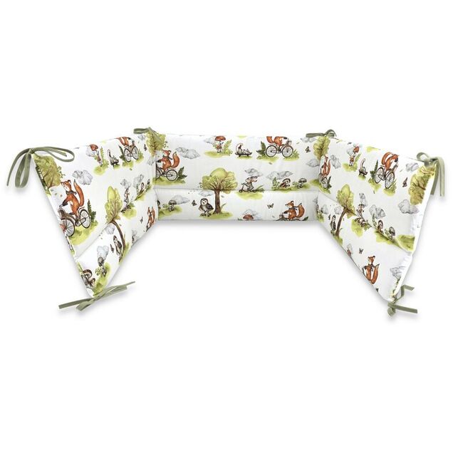 Lenjerie patut 3 piese, Qmini, Pentru patut 120x60 cm, Cu protectie laterala, Din bumbac certificat Oeko Tex Standard 100, Fox on bikes Natural BYN6426972030496