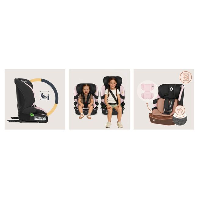 Scaun auto i-Size, Lionelo, Billy , 76 - 150 cm, 1/2/3, Isofix + top tether, Tetiera reglabila in 10 pozitii, Insertie ergonomica, Tapiterie lavabila, Testat la impact, Baza lata, Conform cu R129, Roz BYNLO-BILLY_I-SIZE_PINK_BABY