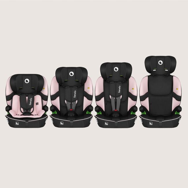 Scaun auto i-Size, Lionelo, Billy , 76 - 150 cm, 1/2/3, Isofix + top tether, Tetiera reglabila in 10 pozitii, Insertie ergonomica, Tapiterie lavabila, Testat la impact, Baza lata, Conform cu R129, Roz BYNLO-BILLY_I-SIZE_PINK_BABY