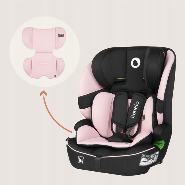 Scaun auto i-Size, Lionelo, Billy , 76 - 150 cm, 1/2/3, Isofix + top tether, Tetiera reglabila in 10 pozitii, Insertie ergonomica, Tapiterie lavabila, Testat la impact, Baza lata, Conform cu R129, Roz BYNLO-BILLY_I-SIZE_PINK_BABY
