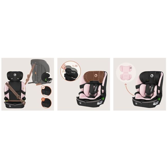 Scaun auto i-Size, Lionelo, Billy , 76 - 150 cm, 1/2/3, Isofix + top tether, Tetiera reglabila in 10 pozitii, Insertie ergonomica, Tapiterie lavabila, Testat la impact, Baza lata, Conform cu R129, Roz BYNLO-BILLY_I-SIZE_PINK_BABY