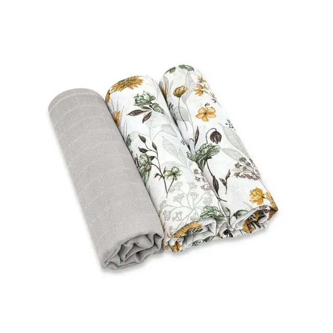 Set 3 museline, MimiNu, Multifunctionale, Din bumbac certificat Oeko Tex Standard 100, 75x75 cm, Botanica si Grey BYN6426972030656