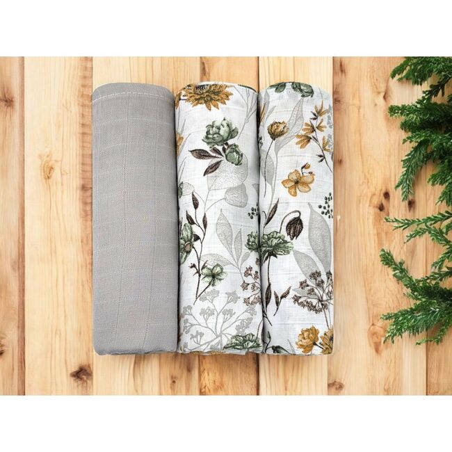 Set 3 museline, MimiNu, Multifunctionale, Din bumbac certificat Oeko Tex Standard 100, 75x75 cm, Botanica si Grey BYN6426972030656