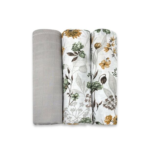 Set 3 museline, MimiNu, Multifunctionale, Din bumbac certificat Oeko Tex Standard 100, 75x75 cm, Botanica si Grey BYN6426972030656