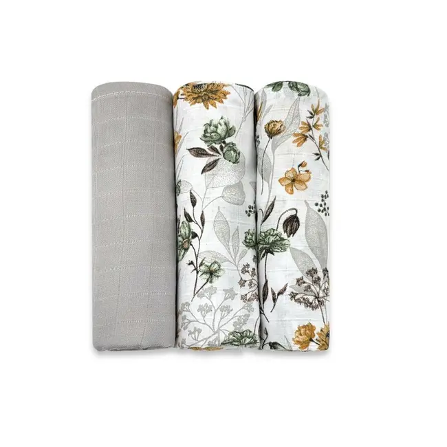 Set 3 museline, MimiNu, Multifunctionale, Din bumbac certificat Oeko Tex Standard 100, 75x75 cm, Botanica si Grey BYN6426972030656