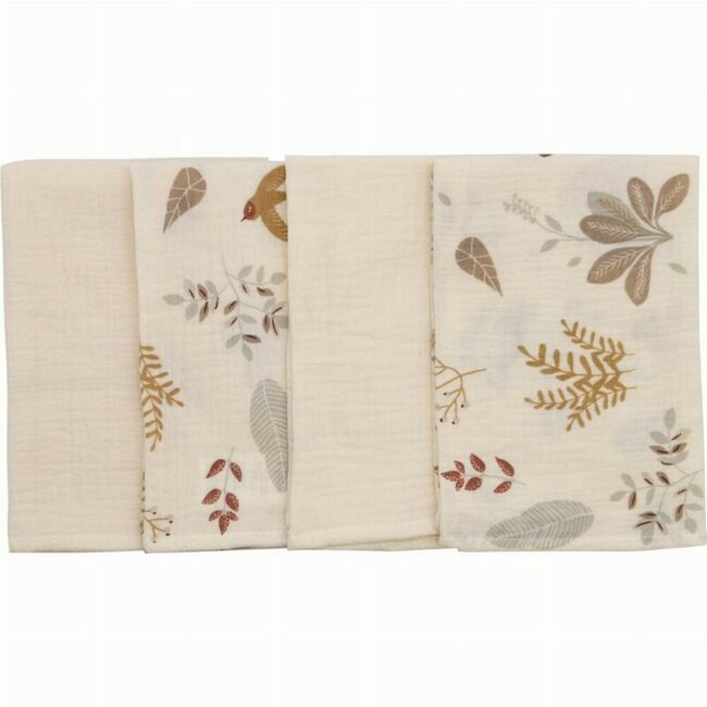 Set 4 lavete, Bubaba, Din muselina, Dimensiune 40x40 cm, Pentru spalarea si ingrijirea fetei si a corpului bebelusului dupa masa sau baita, Beige Leafs BYN87790