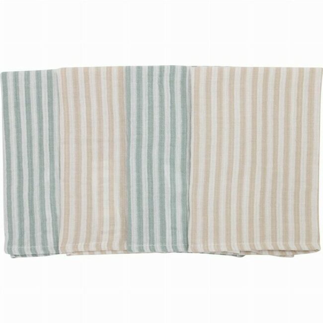 Set 4 lavete, Bubaba, Din muselina, Dimensiune 40x40 cm, Pentru spalarea si ingrijirea fetei si a corpului bebelusului dupa masa sau baita, Green Stripes BYN87769