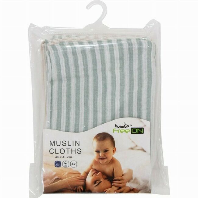 Set 4 lavete, Bubaba, Din muselina, Dimensiune 40x40 cm, Pentru spalarea si ingrijirea fetei si a corpului bebelusului dupa masa sau baita, Green Stripes BYN87769