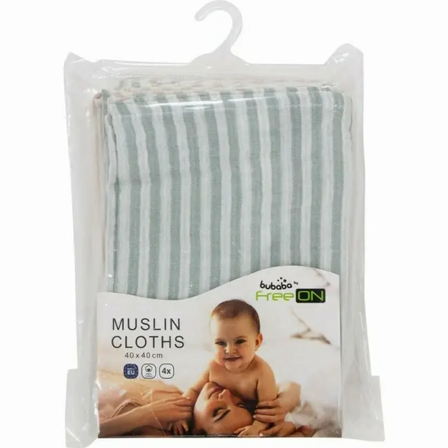 Set 4 lavete, Bubaba, Din muselina, Dimensiune 40x40 cm, Pentru spalarea si ingrijirea fetei si a corpului bebelusului dupa masa sau baita, Green Stripes BYN87769