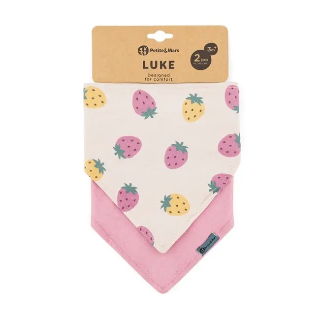 Set bavete bandana, Petite&Mars, Luke, 2 bucati, Bumbac 100% natural, Reglabila cu capse, 3 luni+, Protectie hainute, Bej/Roz BYN412820