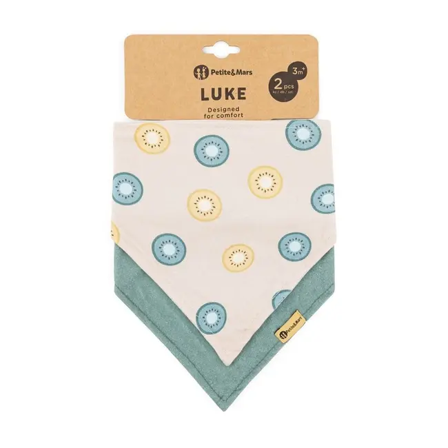 Set bavete bandana, Petite&Mars, Luke, 2 bucati, Bumbac 100% natural, Reglabila cu capse, 3 luni+, Protectie hainute, Bej/Verde BYN412817