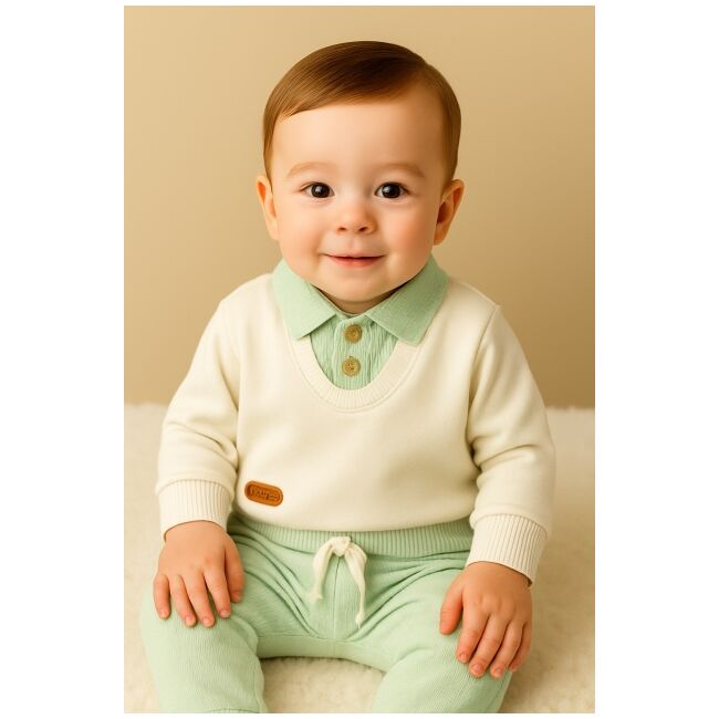 Set bebelusi elegant crem cu camasa integrata si pantaloni vernil trmbm0775-1