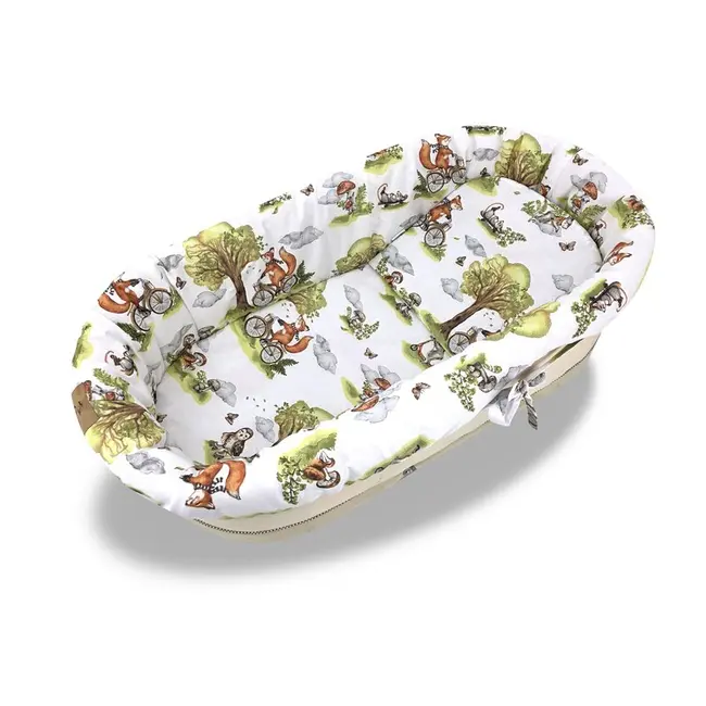 Set pentru landou/cosulet, Qmini, Cu protectie, saltea si pernuta, Din bumbac certificat Oeko Tex Standard 100, Fox on bikes Natural BYN6426972030595