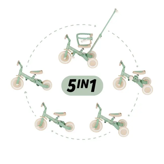 Tricicleta, Petite&Mars, Turbo, Editie limitata, 5 in 1, Multifunctionala, Vehicul de impins, Bicicleta cu/fara pedale, Cu maner de ghidaj, Detasabil, Roti din cauciuc, Pana la 25 kg, 1.5-5 ani, Green Twist BYN613480