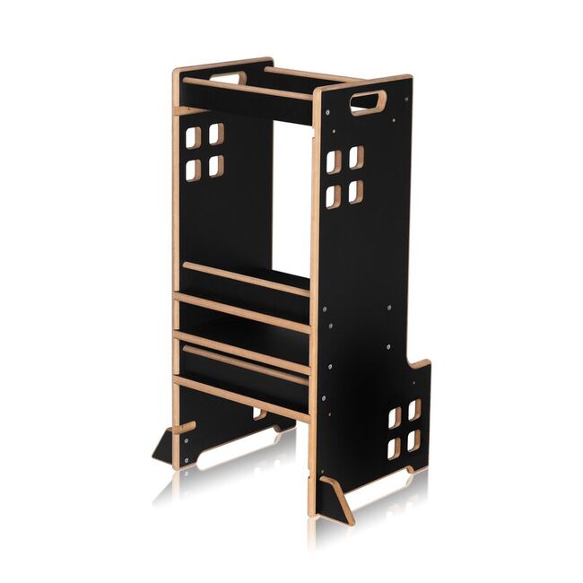 Turn de invatare Montessori, Lionelo, Cass, Functie de raft pentru carti, Pana la 30 kg, 12 luni - 6 ani, Din MDF si furnir, 3 trepte de inaltime, Negru BYNLO-CASS_BLACK_ONYX