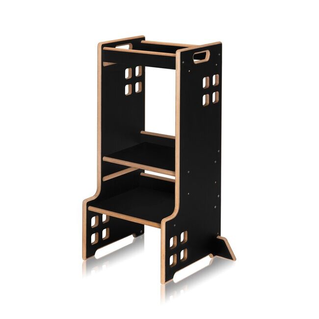 Turn de invatare Montessori, Lionelo, Cass, Functie de raft pentru carti, Pana la 30 kg, 12 luni - 6 ani, Din MDF si furnir, 3 trepte de inaltime, Negru BYNLO-CASS_BLACK_ONYX