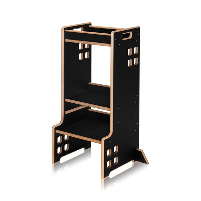 Turn de invatare Montessori, Lionelo, Cass, Functie de raft pentru carti, Pana la 30 kg, 12 luni - 6 ani, Din MDF si furnir, 3 trepte de inaltime, Negru BYNLO-CASS_BLACK_ONYX